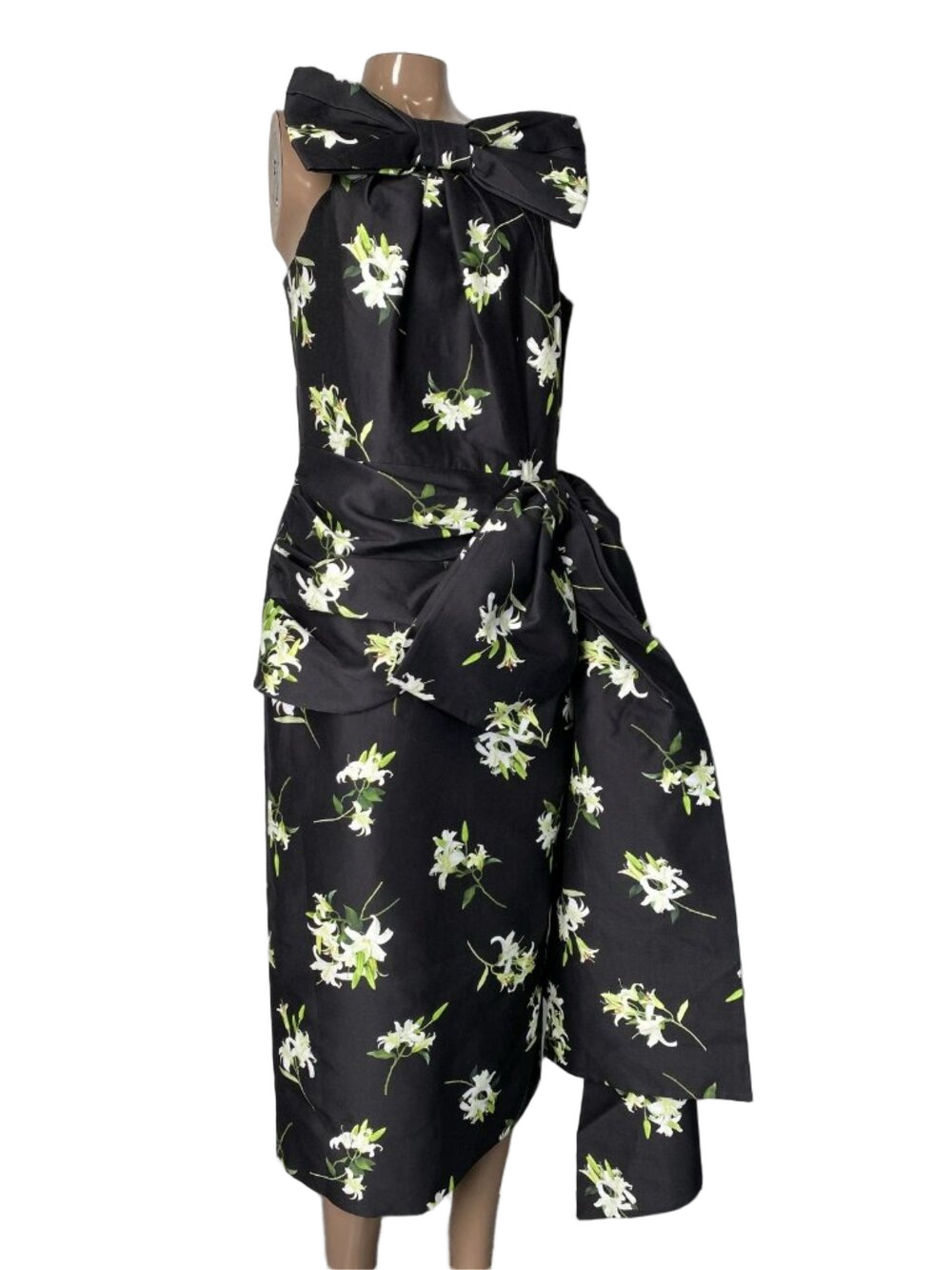 NEW SHUSHU/TONG Womens Midi Dress Black Size 4 Big Bow Pleated Floral